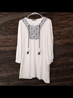 LC Waikiki White Embroidered Dress with Tassels Size Medium